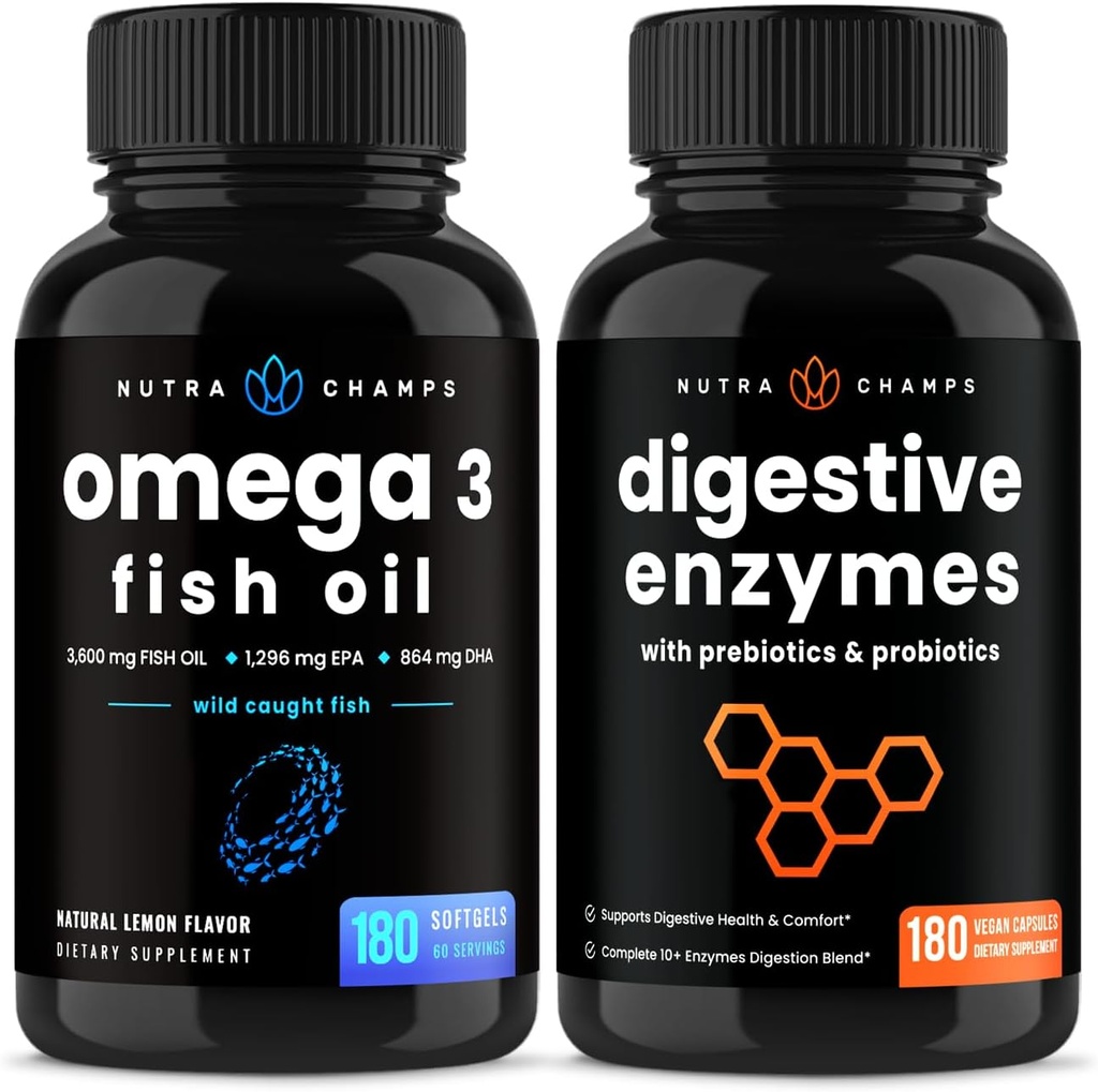 NutraChamps Omega 3 Kalaöljy ja digestiivinen Enzymes 2 Pack Bundle