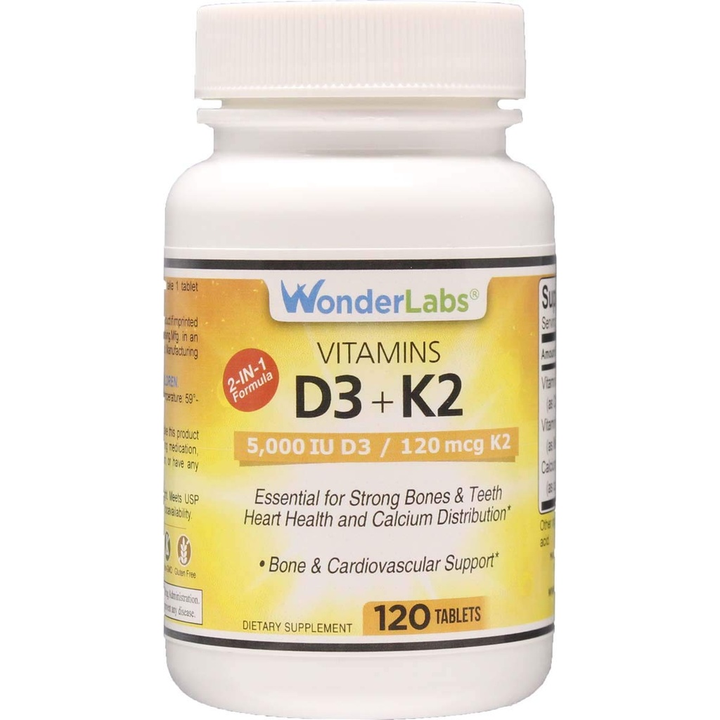 Wonder Laboratories Vitamin D 5 000 IE, vitamin D3 + K2 Stöd ett hälsosamt immunsystem, väsentligt för starka ben, hjärthälsa och kalciumdistribution, 120 tabletter