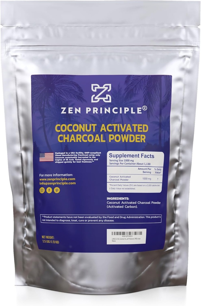 Zen Principle Coconut aktiverat kolpulver. Whitens tänder, föryngra hud och hår, stöder bättre matsmältning. USA-Owned Producers, 2,5 lb