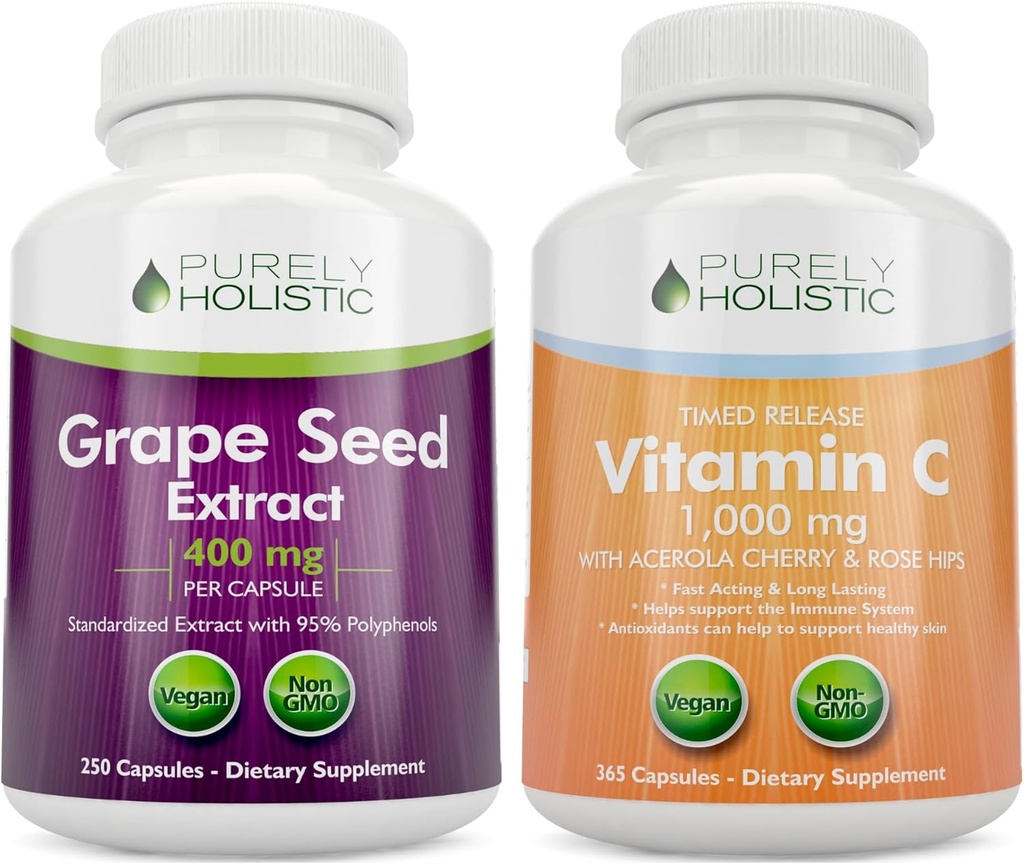 Rent Holistic Grape Seed Extract 400mg + Vitamin C 1000mg Time Release Bundle - 615 Vegan kapslar - Made in USA