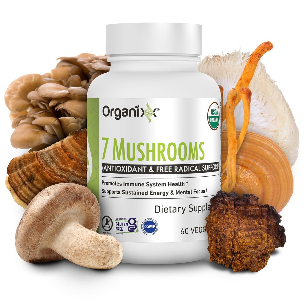 Organixx USDA Organic Mushroom Supplement, 7 Fermented Sienet Lions Mane, Shiitake, Cordyceps, Turkey Tail, Reishi 