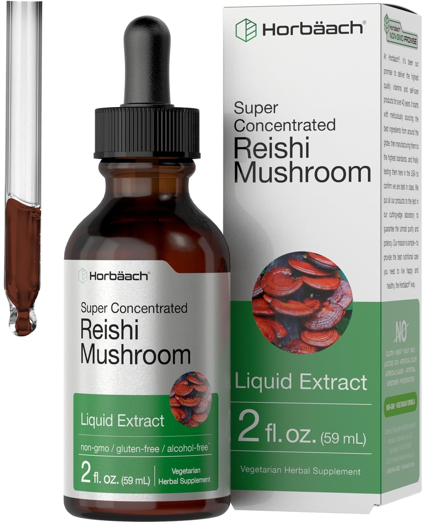 Horbäach Reishi Mushroom Extract Tincture | 2 Fl Oz | Liquid Drops | Ganoderma Lucidum | Vegetarisk, alkoholfri | Non-GMO, Gluten fri tillägg