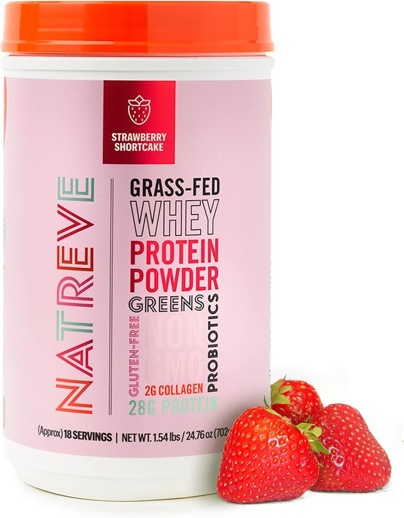 Natreve Whey Protein Powder - 28g Grass-Fed Whey Protein med Aminosyror, Probiotika & Collagen - Gluten Free Strawberry Shortcake, 18 portioner