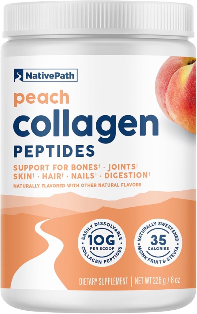 NativePath Collagen Peptides - Hydrolysoitu tyyppi 1 & 3 Collagen. Keto & Paleo Grass-Fed proteiinijauhe hiuksille, iholle, kynsille, luut, nivelet, digestio ja enemmän - Ei gluteenia tai meijeri (persikka, 226 g)