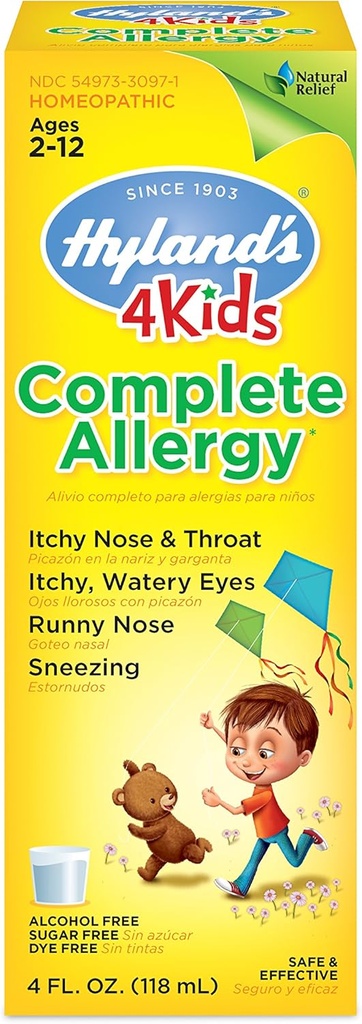 Hylands barnallergimedicin av 4Kids Non Drowsy Childrens Complete Allergy Relief Syrup Safe och Natural för inomhus utomhusförpackning kan variera, en färg, 4 Fl Oz