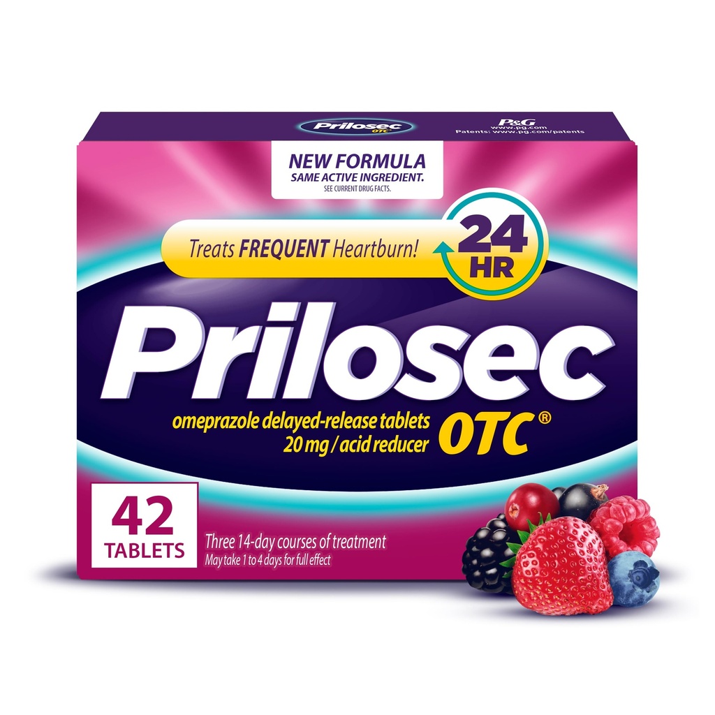 Prilosec OTC, Omeprazole Delayed Release 20mg, Acid Reducer, Treats Frequent Heartburn for 24 Hour Relief, All Day, All Night*, Heartburn Medicine, 20mg, Wildberry Flavor, 42 Tablets