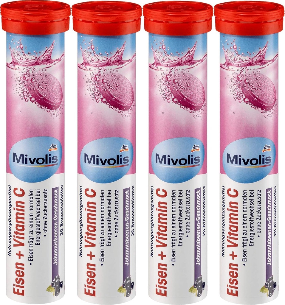 Mivolis Iron + Vitamin C effervescent Tablets - Dietary Supplements 4 Packs x 20 stycken | Tyskland