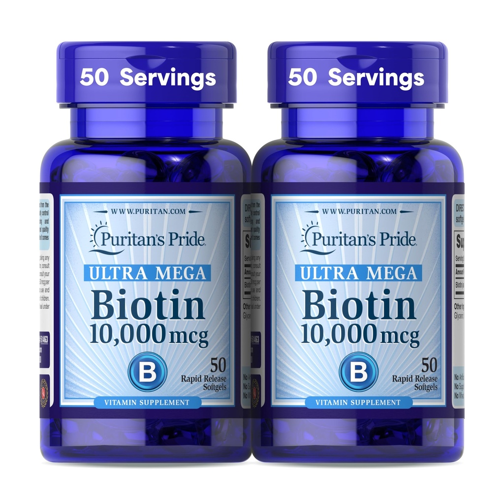Puritans Pride Premium Ultra Mega Biotin 10.000mcg, Kosttillskott för hälsosamt hår, hud, naglar och energi Metabolism Support, 100 Day Supply, 50 Rapid Release Softgels, 2 Pack