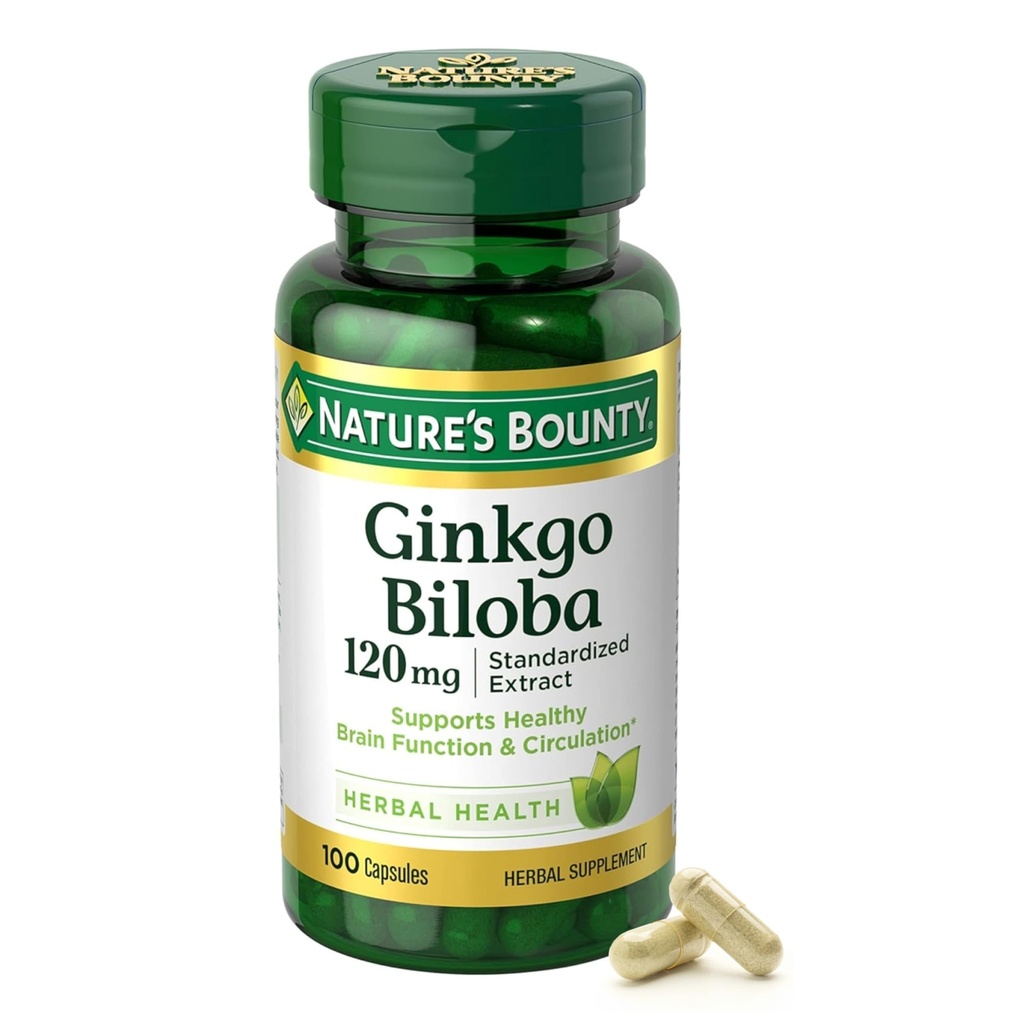 Nature's Bounty Ginkgo Biloba kapselit 120mg, muistin tuki täydentää, tukee aivojen toimintaa ja henkistä valppautta, 100 kapselia