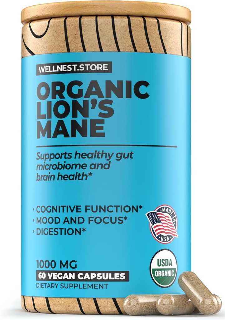 Lions Mane Mushroom Organic Supplement (Hericium Extract) 60 Kasvis Caps - Immuunituki täydentää; Parantaa kognitiivinen toiminto + edistää elinvoimaa, suojella hermosoluja