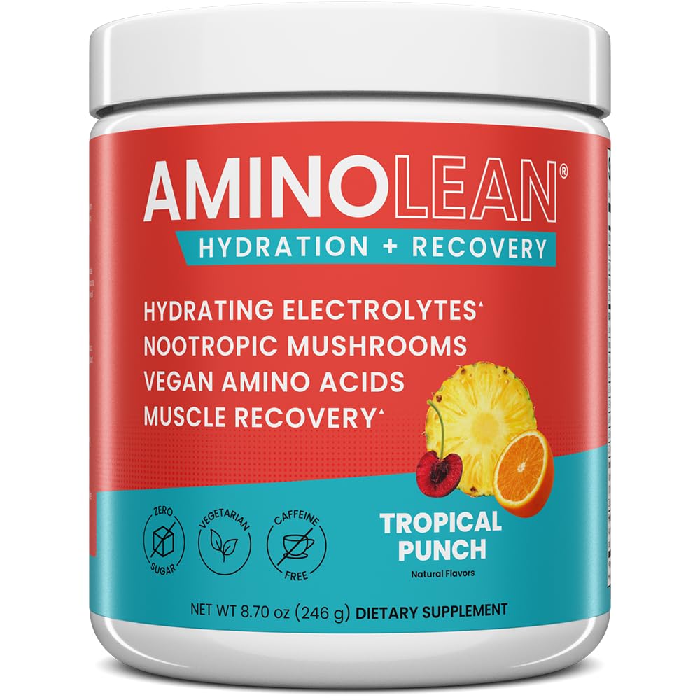 AminoLean Hydrating Electrolyte Powder and Recovery Drink med Sea Minerals, Nootropic Mushrooms och Vegan Amino Acids, BCAAs + EAAs för Post Workout Muscle Building, Tropical Punch