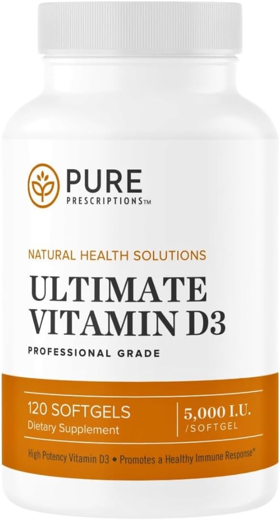 Rena recept Ultimate Vitamin D3-5 000 IE - Hög Absorption Vitamin D Supplement för att främja hälsosamma ben med immunsystem och kardiovaskulärt stöd - 120 Softgels - USA Made