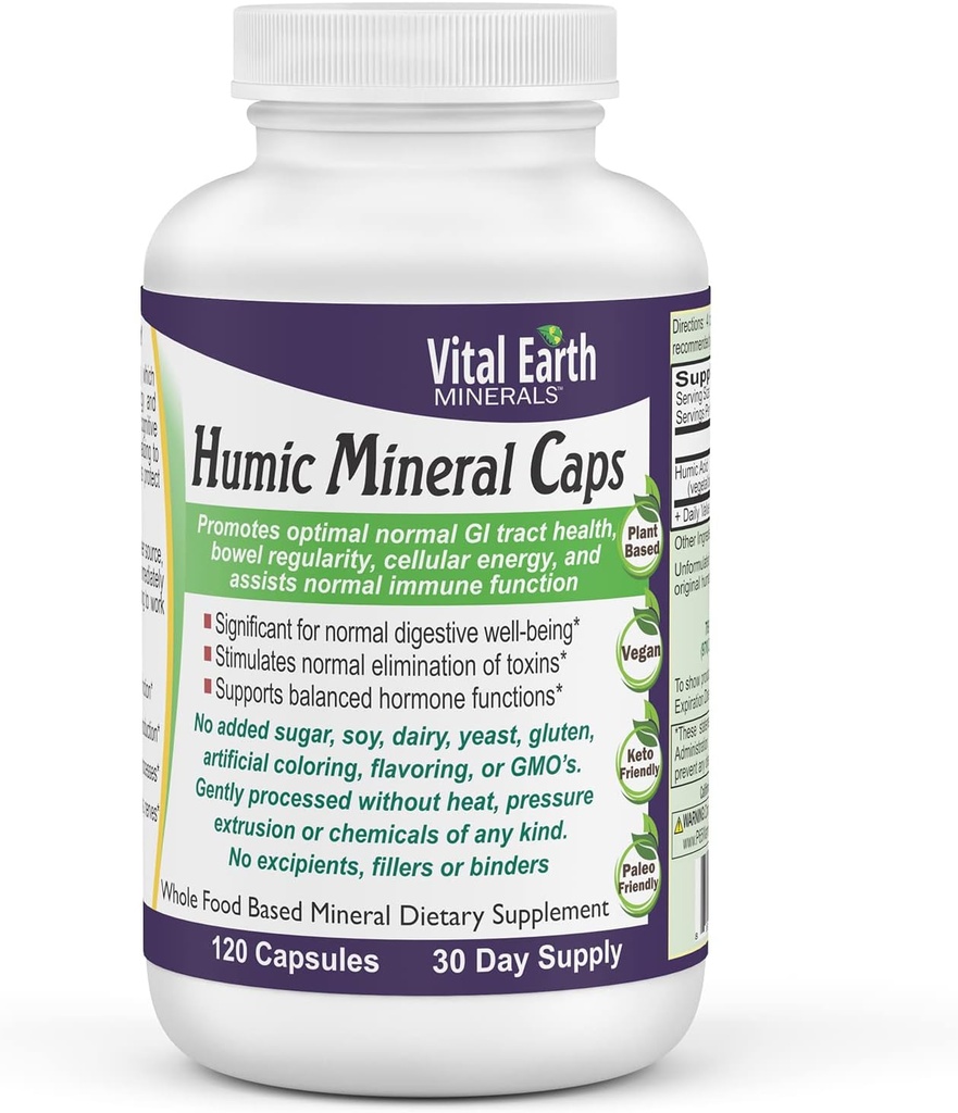 Vital Earth Minerals Humic Minerals Capsules - 70 + Spår Mineraler med naturligt uppgående Fulvic Acid, Alkalizing Mineral Supplement för Detox, Gut Health, Wellness, 120 Count
