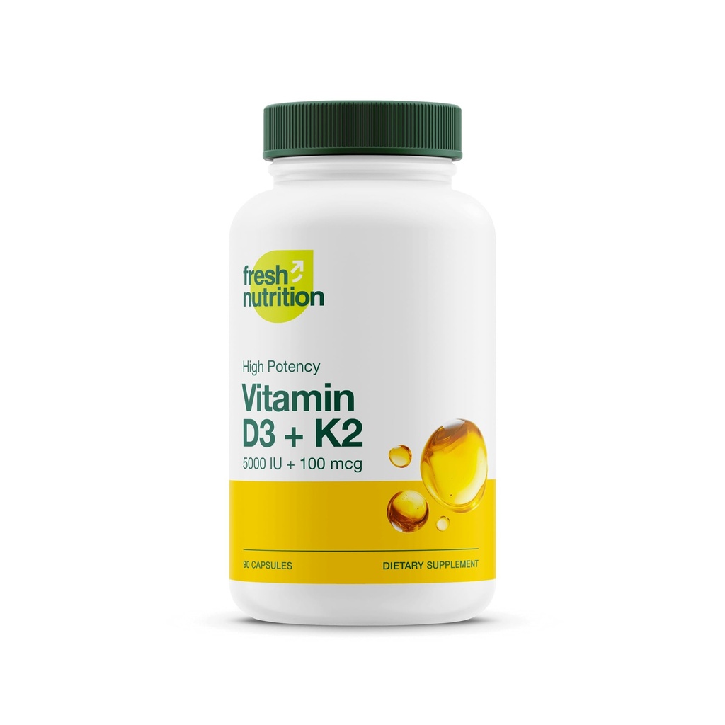 Fresh Nutrition Vegaani D3 + K2 kapselit - 5000 IU D3 + 100 mikrog K2 MK-7 optimaalisena absorptiona - Immuuni terveys, luun terveys, mieliala - ei GMO - 90 kapselia, 3 kuukauden toimitus