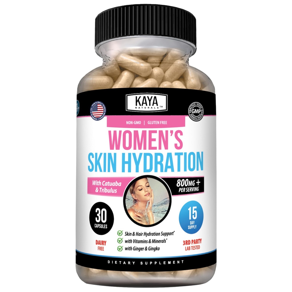 Kaya Naturals Skin Hydration Vitaminer - Kvinnliga piller - Hud Enhancer Capsules - Hydration Booster för kvinnor - främjar ökad energi, humör och uthållighet - Minskning i torrhet - 30 Veggie kapslar