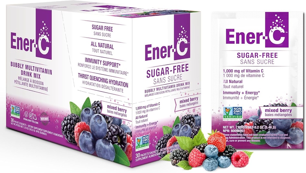 Ener-C Sugar Free Energy Mixed Berry Multivitamin Drink Mix Vitamin C 1000mg & Electrolytes - Natural Immunity Support med Real Fruit Juice Powders Non-GMO Vegan & Gluten Free - 30 Count