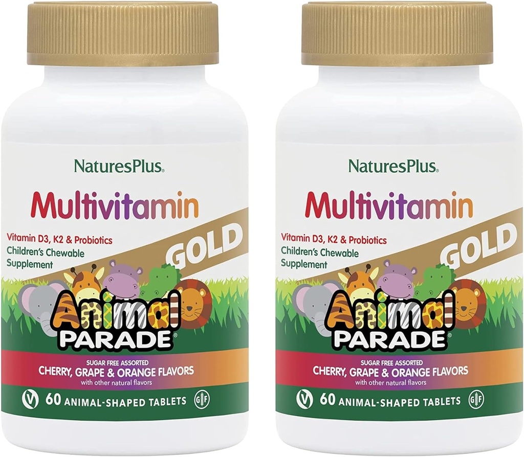 NaturesPlus Animal Parade Gold Lasten monivitamiini - lajiteltu kirsikka, oranssi ja rypäleen makuja - 60 purutablettia, pakkaus 2 - Kasvisruokaa, Gluteeniton - 60 Tarjoilu yhteensä