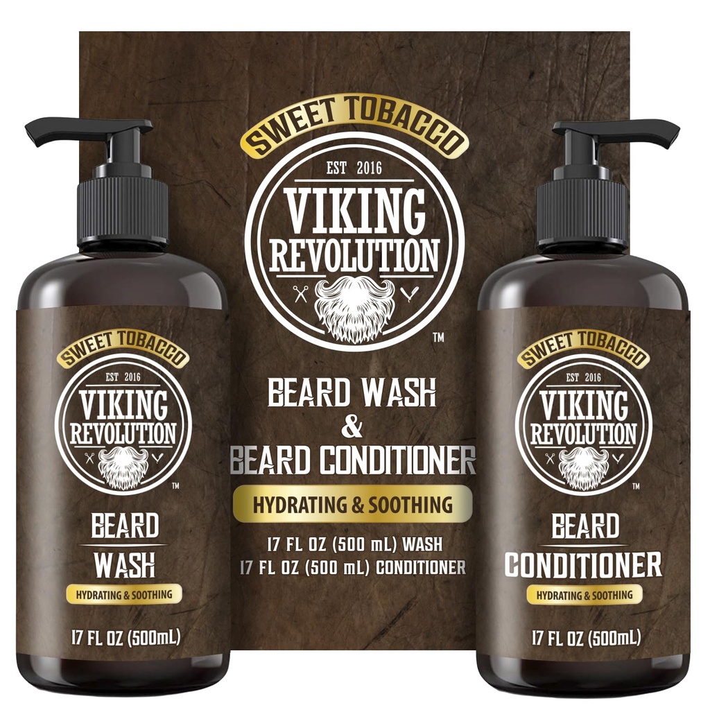 Viking Revolution Parta Pesu- ja partahoitoaine miehille Argan Oil ja Jojoba Oil - Parta Pehmentäjä ja vahvistaa Parta hoito Parta Shampoo ja hoitoaine partaöljyllä (17oz, makea tupakka)