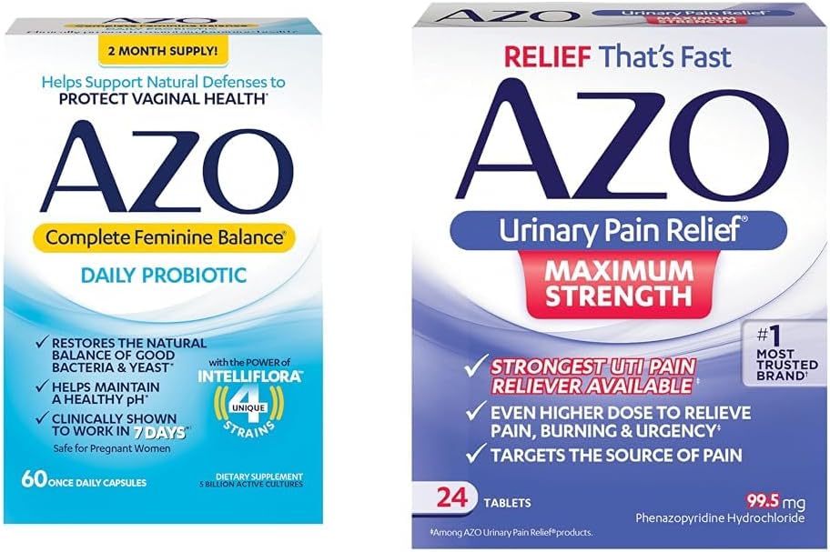 AZO Complete Feminine Balance Päivittäinen probiootit naisille, kliinisesti todistettu auttamaan suojaamaan emättimen terveys ja virtsakivun lievittäminen Maximum Strength 
