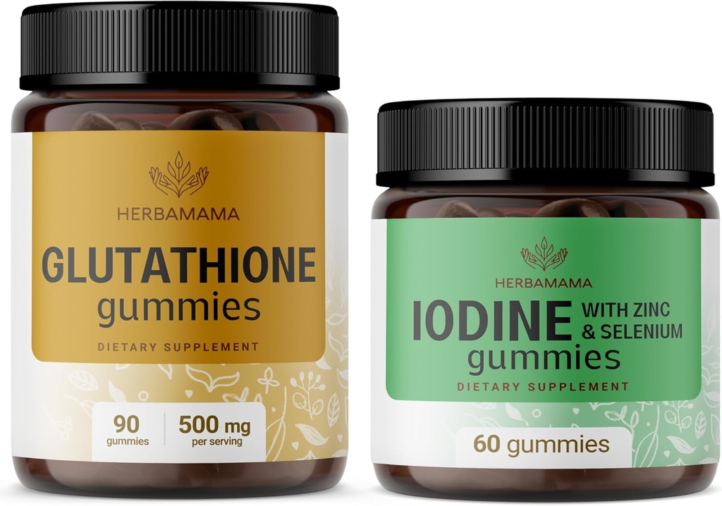 HERBAMAMA Glutathione och Iodine Kit - Bundle på 500 mg Reducerad L-Glutathione & Potassium Iodine Gummies - Vegan, Non-GMO, Gelatin-Free - 2 Pack