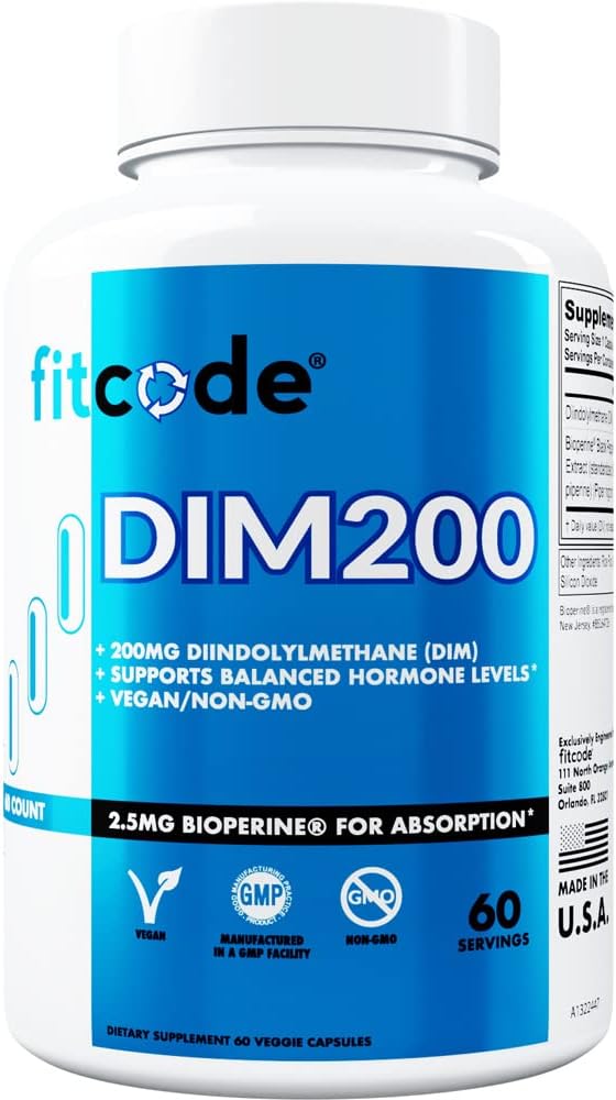 Fitcode Diindolyylimetaani DIM täydennysosa miehille - Advanced Dim 200mg Dim plus Bioperine parantaa imeytymistä - Vegaani ei-GMO Hormoni Balance Supplement for Enhanced Energy Mood and Performance