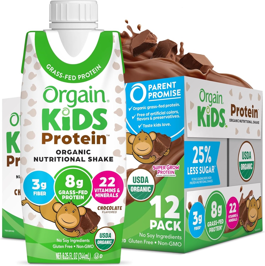 Orgain Organic Kids Protein Nutritional Shake, Chocolate - 8g Protein, 22 vitaminer och mineraler, frukter och grönsaker, Gluten Free, Soy Free, Non-GMO, 8.25 Fl Oz (Pack av 12)