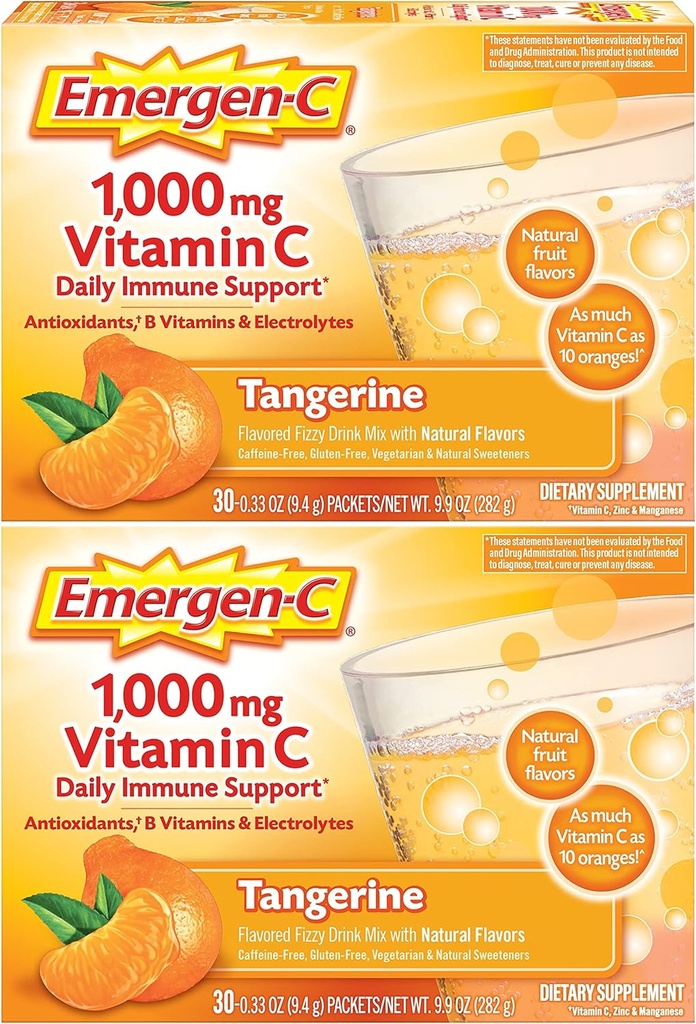 Emergen-C 1000 mg C-vitamiinijauhe, jossa antioksidantteja, B-vitamiinit ja elektrolyyttejä, C-vitamiinilisät immuunitukea, kofeiiniton juoma Mix, tangeriini maku - 60 Määrä/2 kuukautta