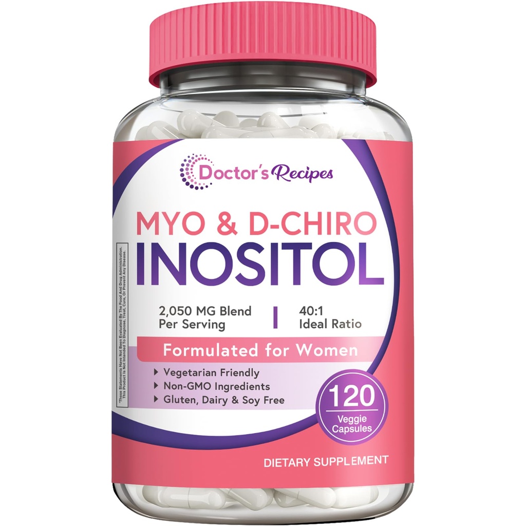 Lääkärin reseptit Inositoli Supplement, Myo-Inositol & D-Chiro Inositoli kapselit 2050mg per tarjoilu, Ihanteellinen 40:1 Blend, Hormonitasapaino naisille, Munasarja toiminta & hedelmällisyys tuki, 120 Vegan Caps