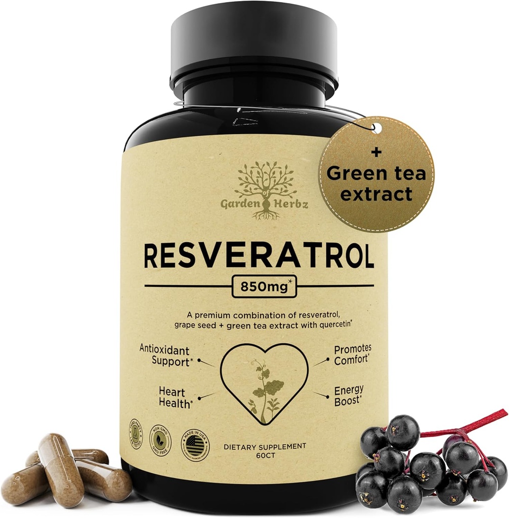 Resveratrol täydentää Quercetin & Rypäleen siemenen 850 mg kasviperäistä sekoitusta, korkea-aktiiviset polyfenolit ja hapettumisenestoaineet yleistä hyvinvointia varten, 60 vegan kapselia