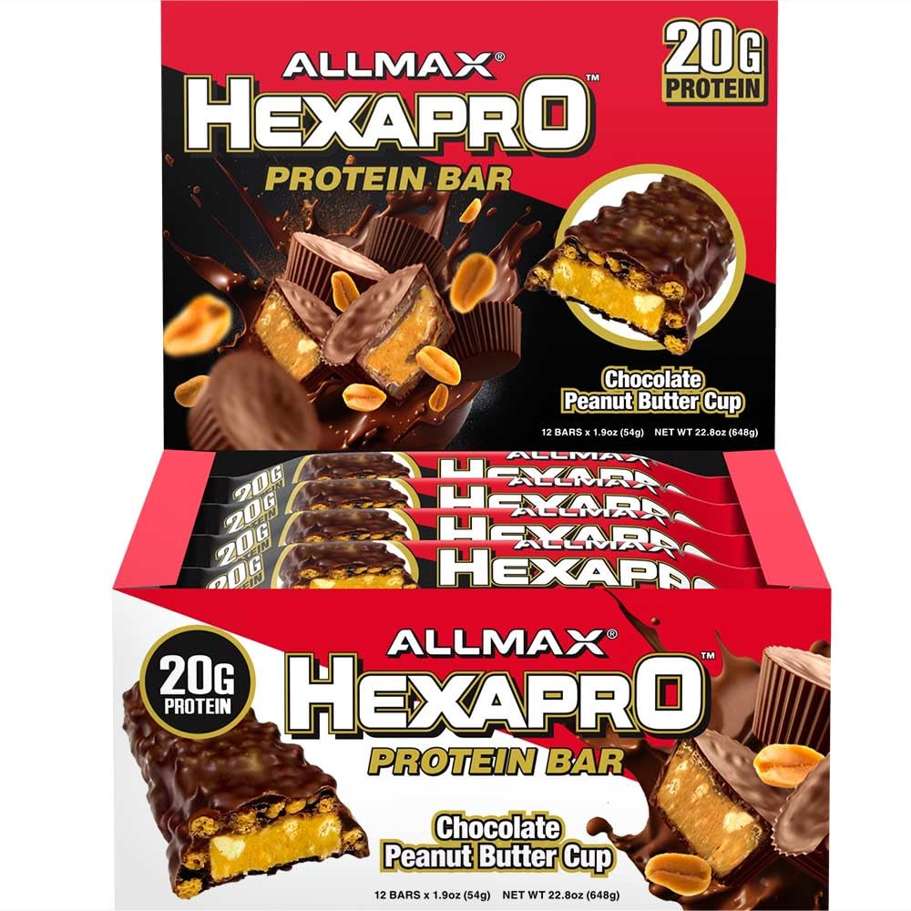 ALLMAX HEXAPRO PROTEIN BAR, Chocolate Peanut Butter Cup - pakkaus 12 - High-Protein Energy Snack - 20 g proteiinia per Bar - kanssa heraproteiini Isolaatti