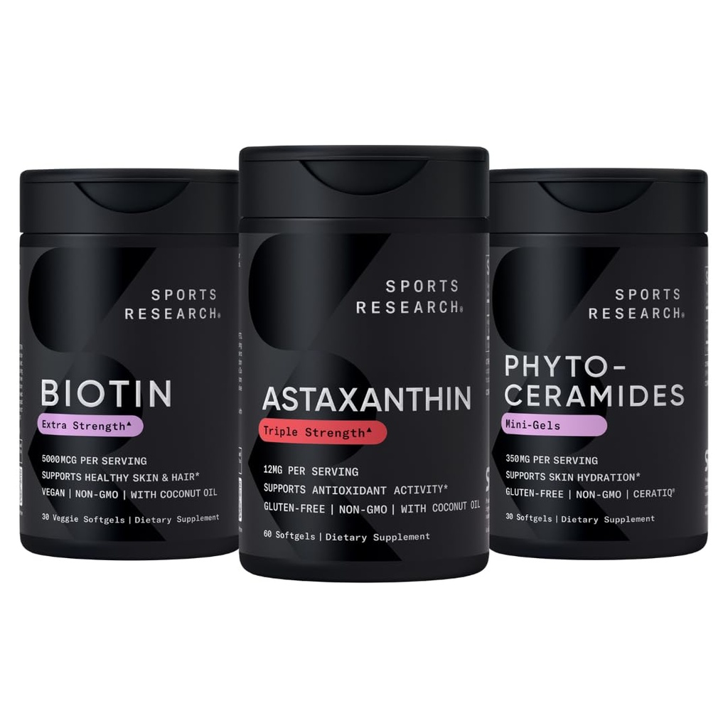 Sports Research® Terve iho- ja hiustuki - Vegaani Biotiini 10 000 mcg kookosöljyllä, Triple Strength Astaksantiini 12 mg, ja Phytoceramides 350mg per Softgel · Ei-GMO · Vegan · Gluteeniton