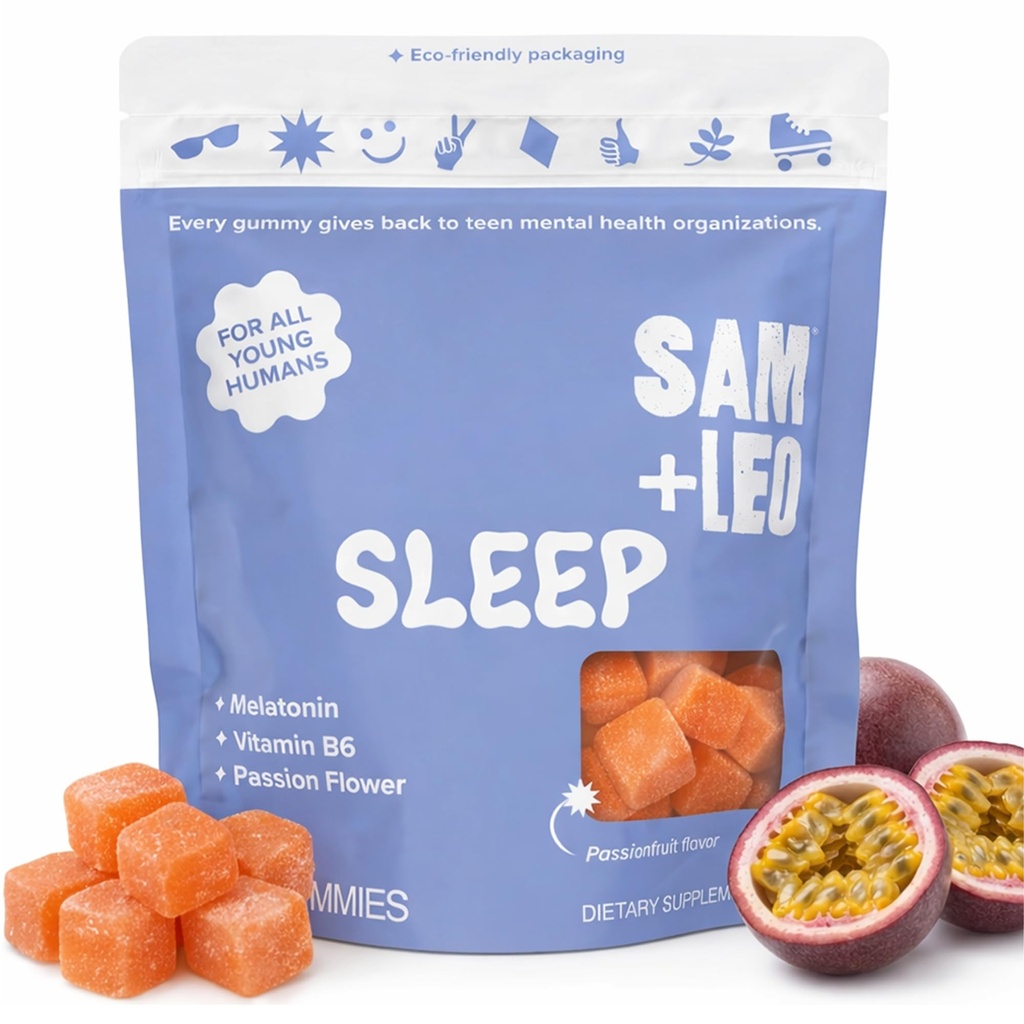 SAM+LEO Sleep Gummies for Kids & Teens with Melatoniini, Passion Flower & Vitamiine B6 - Hellä unilääke Gummies for restful uni .
