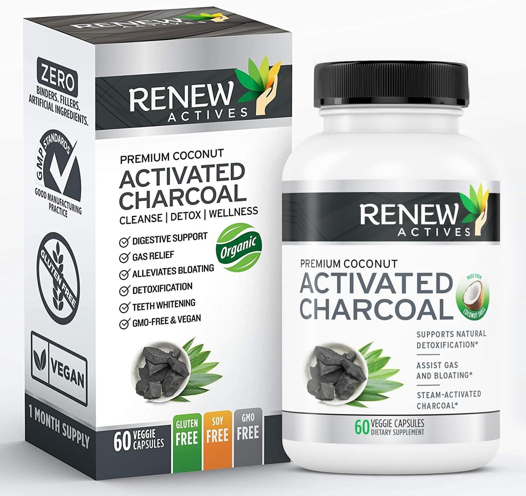 Renew Actives Activated Charcoal Supplement 1100MG per 2 kapselia - Ruoansulatuskanavan tuki & hampaiden valkaisu Formula, Ei keinotekoisia ainesosia - Valmistettu Kanadassa - 60 kapselia