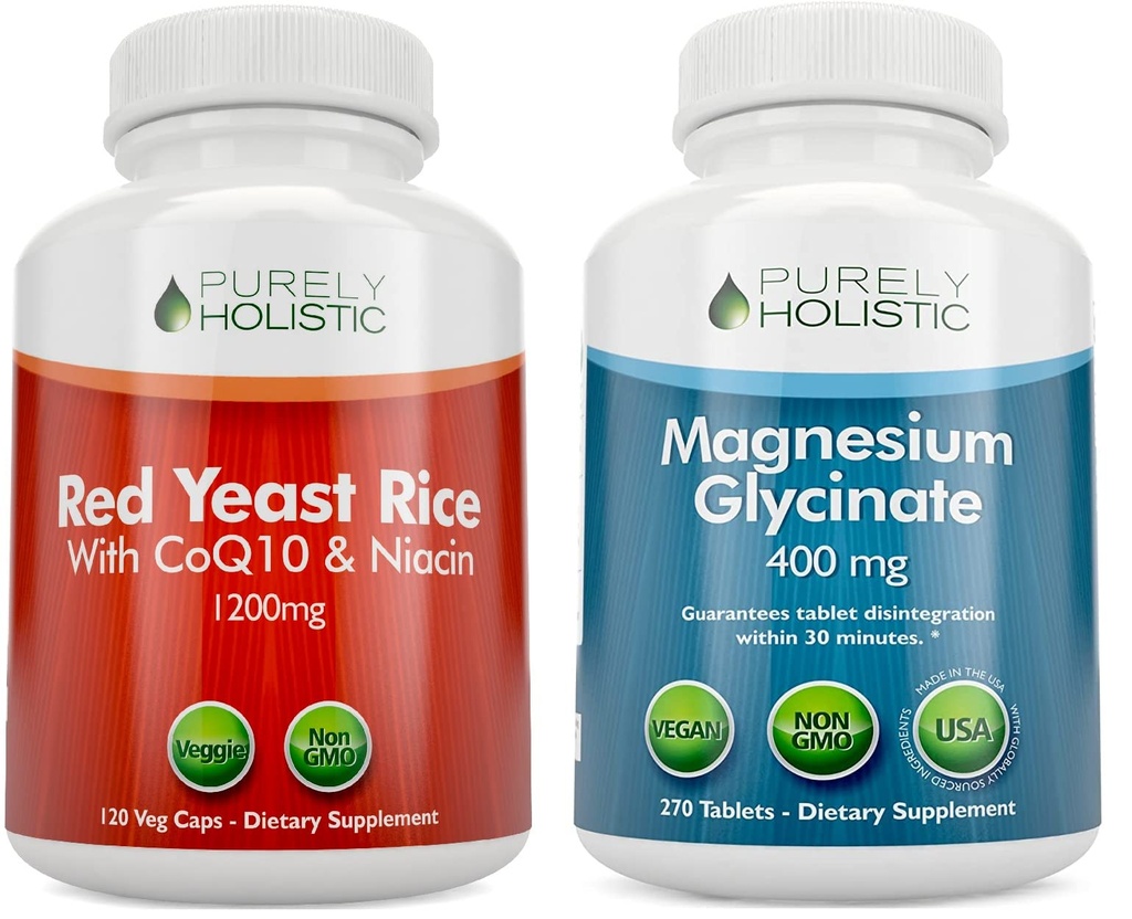 Rent Holistic Red Yeast Rice 1200mg med CoQ10 & Niacin + Magnesium Glycinate 400mg - 120 kapslar + 270 tabletter - Made in USA