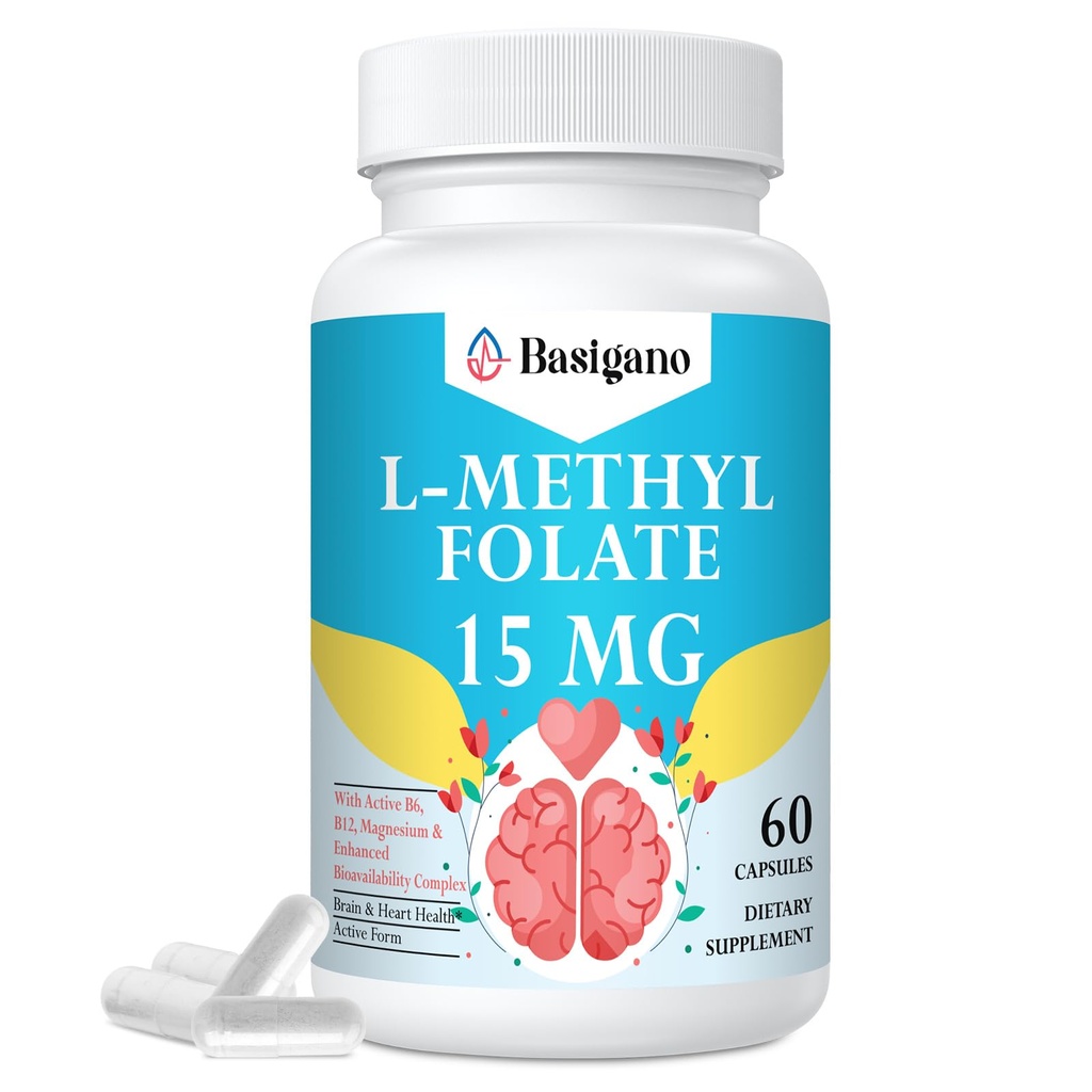 L Metyylifolaatti 15 mg (5-MTHF) - Aktiivinen foolihappo, jossa B6 ja B12 - Vegaani, gluteeniton, maitotuotteeton (1 pakkaus)