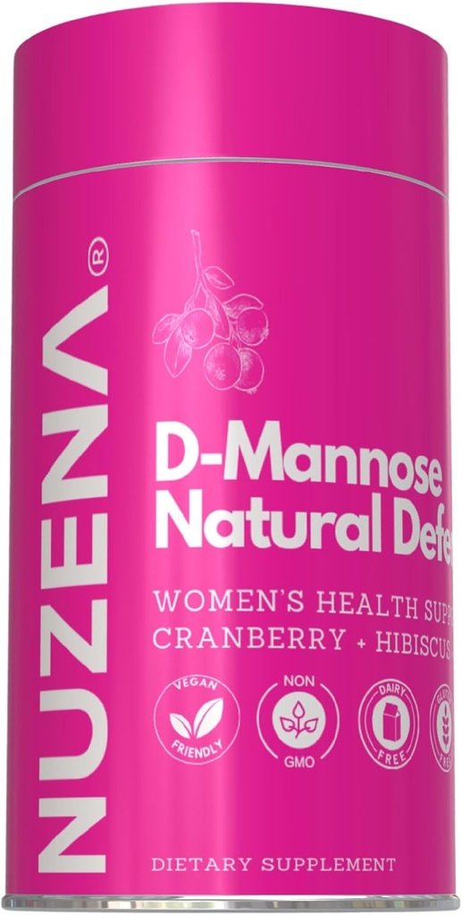 Nuzena D-Mannose + 1000 mg Cranberry 150mg, pakkaus 60 Natural Defense virtsateiden tuki kapselit Hibiscus Flower 100mg ja Voikukka juuri 100mg per tarjoilu 2 kapselia