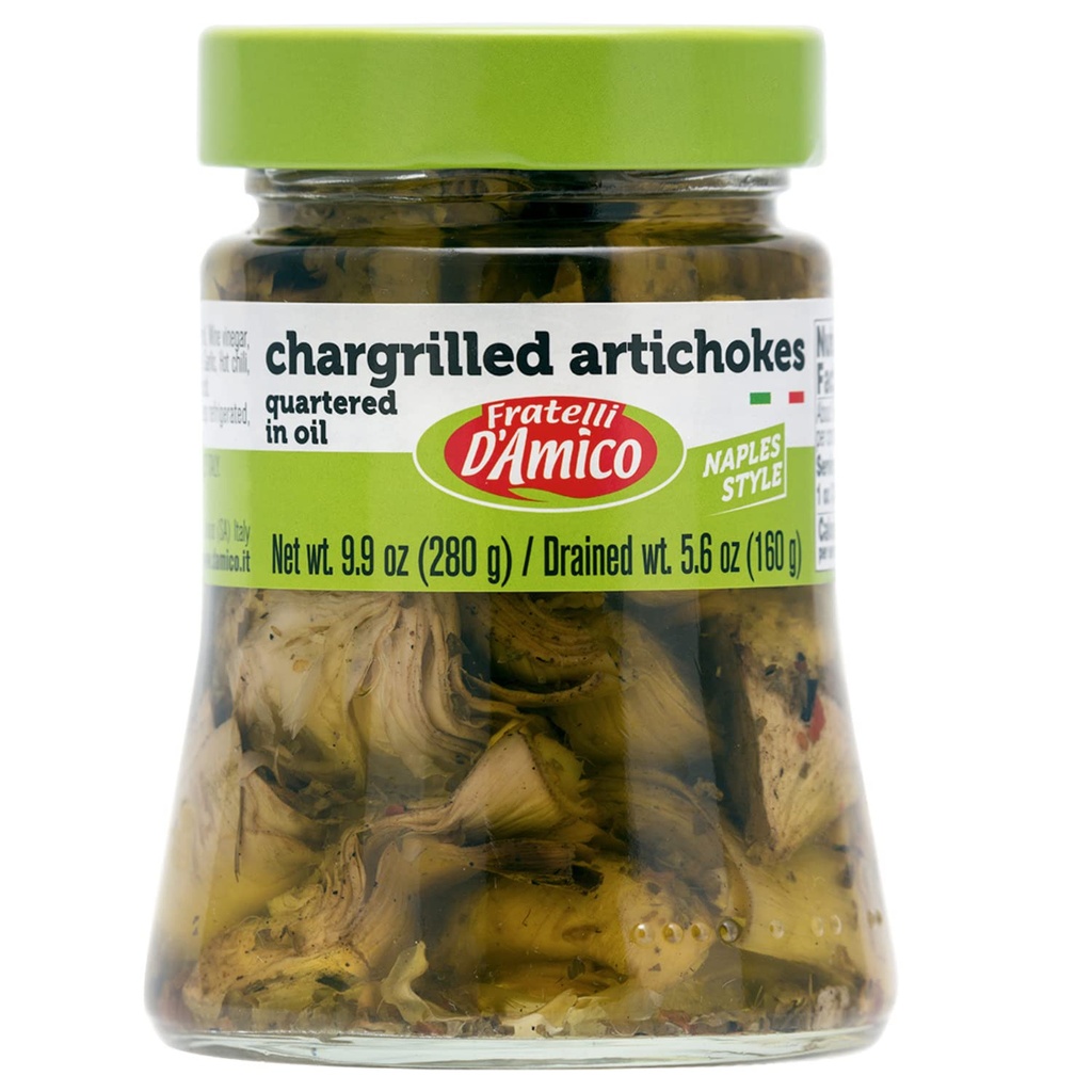 FRATELLI D'AMICO - chargrilled Artisokat, Quartered in Oil, Grillattu, Napoli Style, 9.9oz (280g) EI-GMO