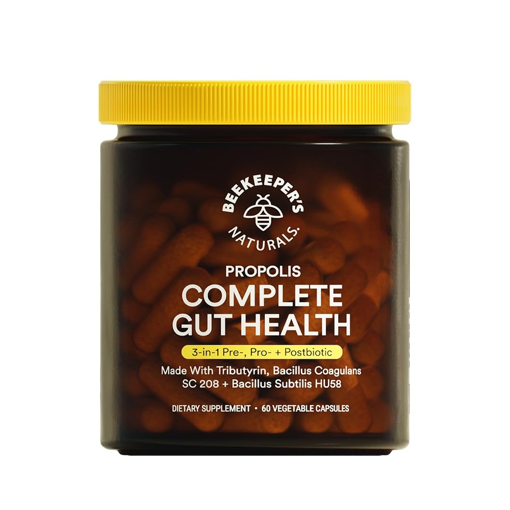 Mehiläishoitajan Naturals Complete Gut Health, 3-in-1 Prebiootti, Postbiootti, Probiootit naisten ja miesten ruoansulatusta ja turvotusta varten, Propolis Powered, Gluteenittomat vegaaniset kapselit, 60ct