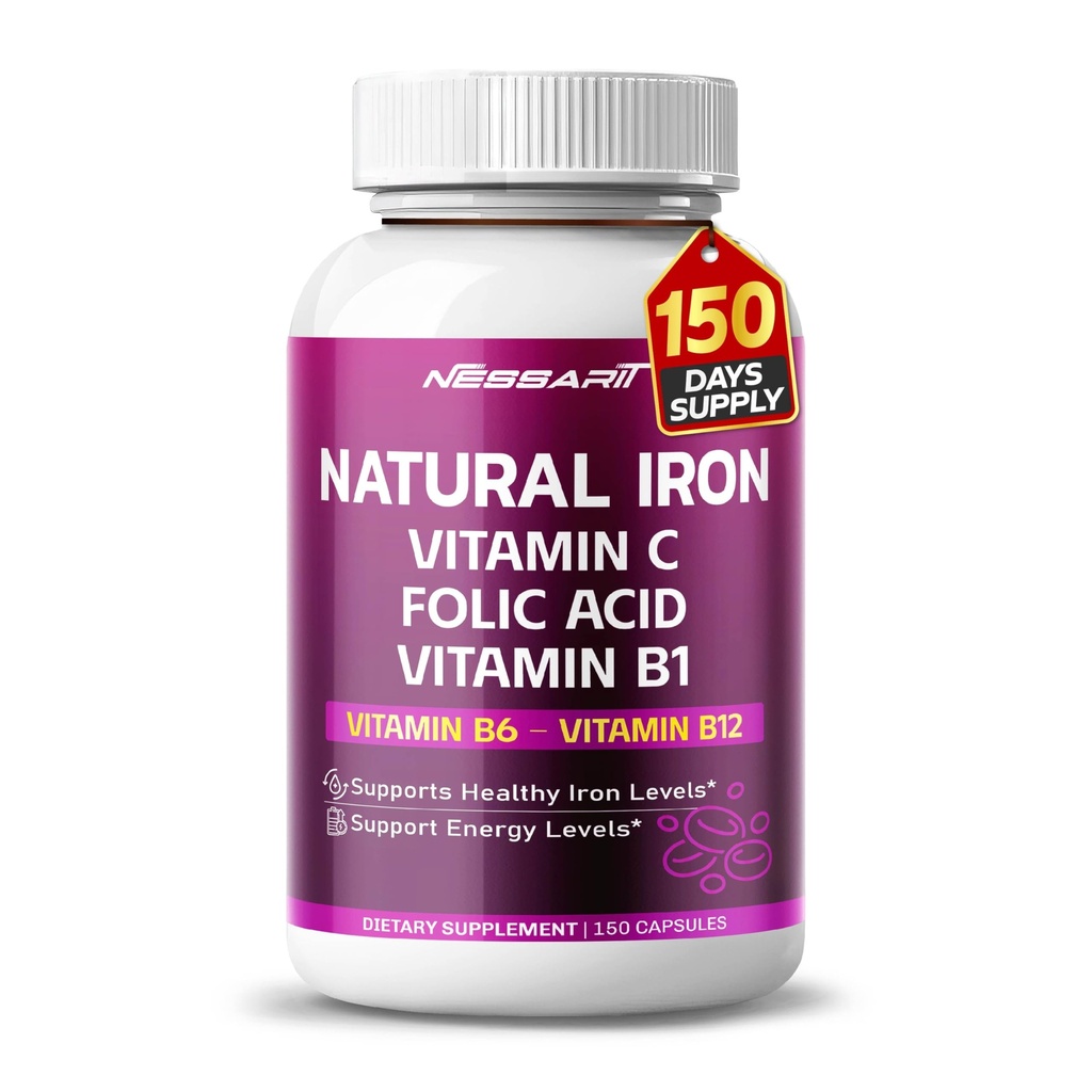 Organic Iron High Potency kanssa C-vitamiini, Foolihappo - korkea-absorptio Formula B1-vitamiini, B6-vitamiini, B12-vitamiini - Tuki verenrakennus - 150 Count - Valmistettu & Testattu Yhdysvalloissa