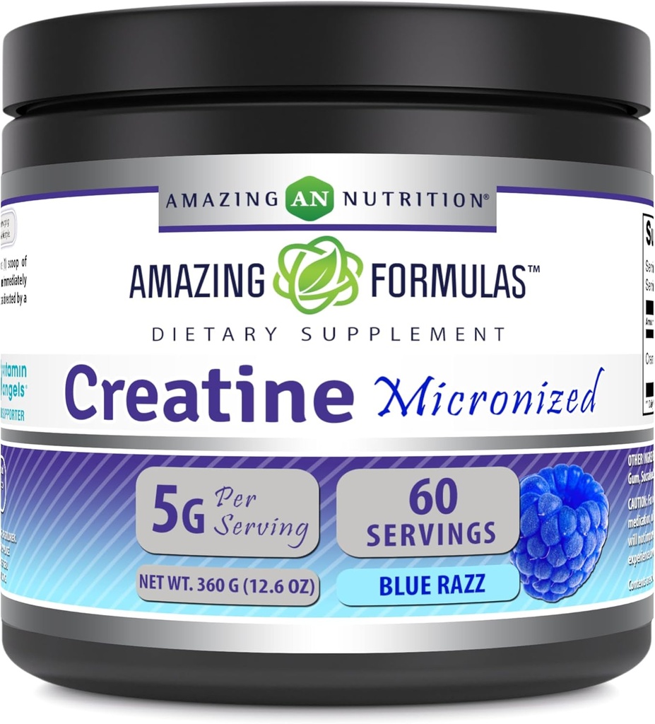 Fantastiska formler Micronized Creatine Monohydrate Powder Supplement | 5000 mg Per Servering | Ideal Pre & Post Workout Supplement | Tillverkad i USA (12,6 Oz | Blå Rasbperry, Blå Raspberry)
