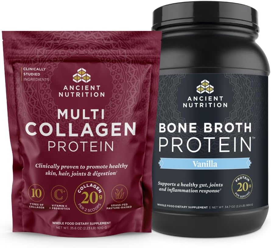 Ancient Nutrition Multi Collagen Protein Powder, Ei makua, 100 tarjoilua + Bone Broth Protein Powder, Vanilla, 40 tarjoilua