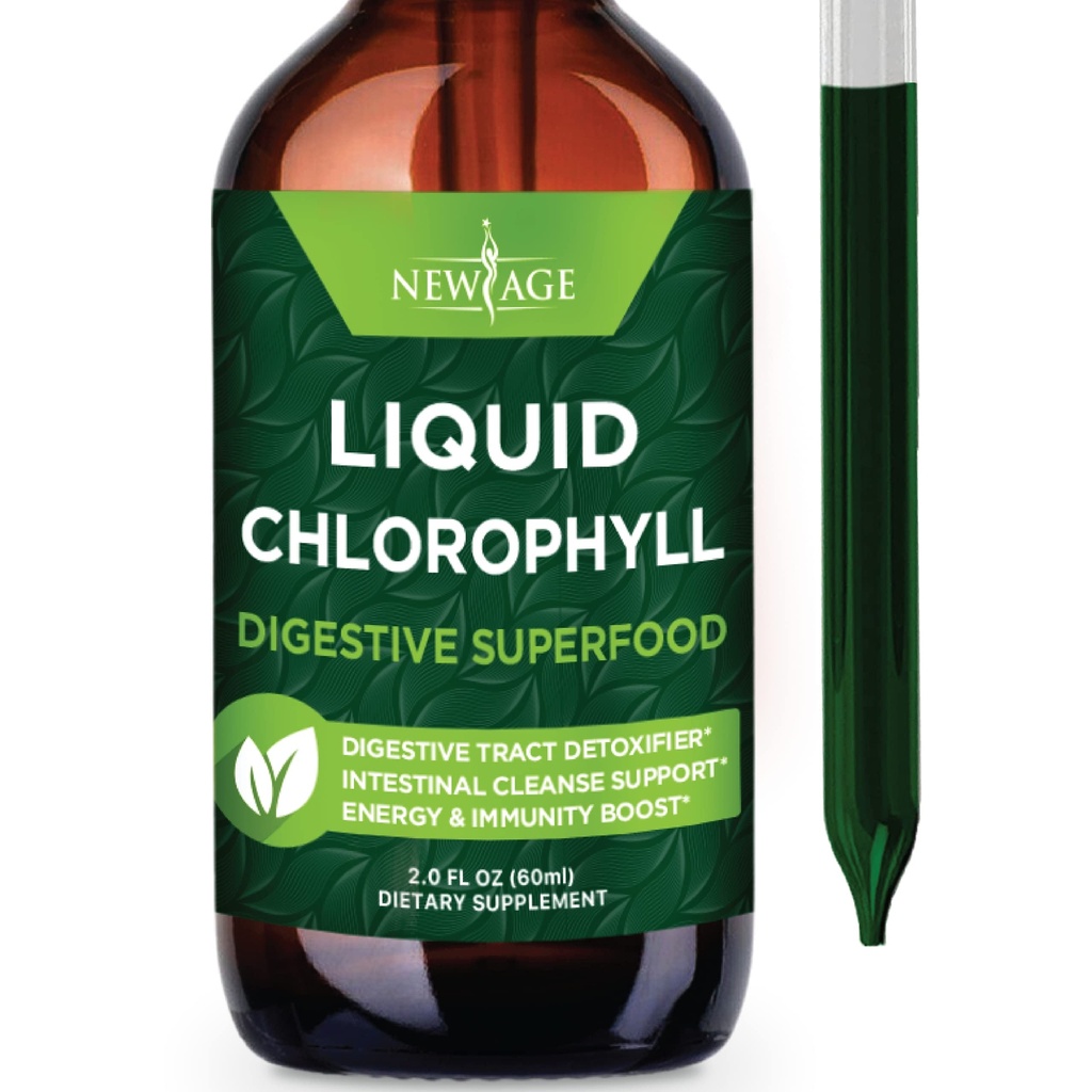 NEW AGE Chlorophyll Liquid Drops - Natural Concentrate - Energy Booster, Digestion och Immune System Supports, Internal Deodorant, Liver Function - (2 Fl Oz (Pack of 1)