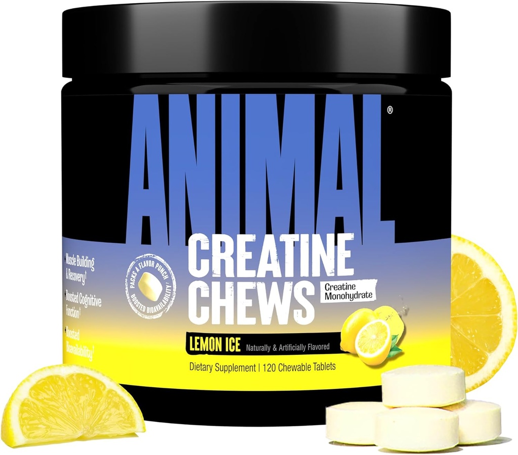 Animal Creatine Chews Tablets - Förbättrad kreatinmonohydrat med AstraGin för att förbättra Absorption, Sea Salt för extrapumpar, läckra och bekväma tabletter - Lemon Ice