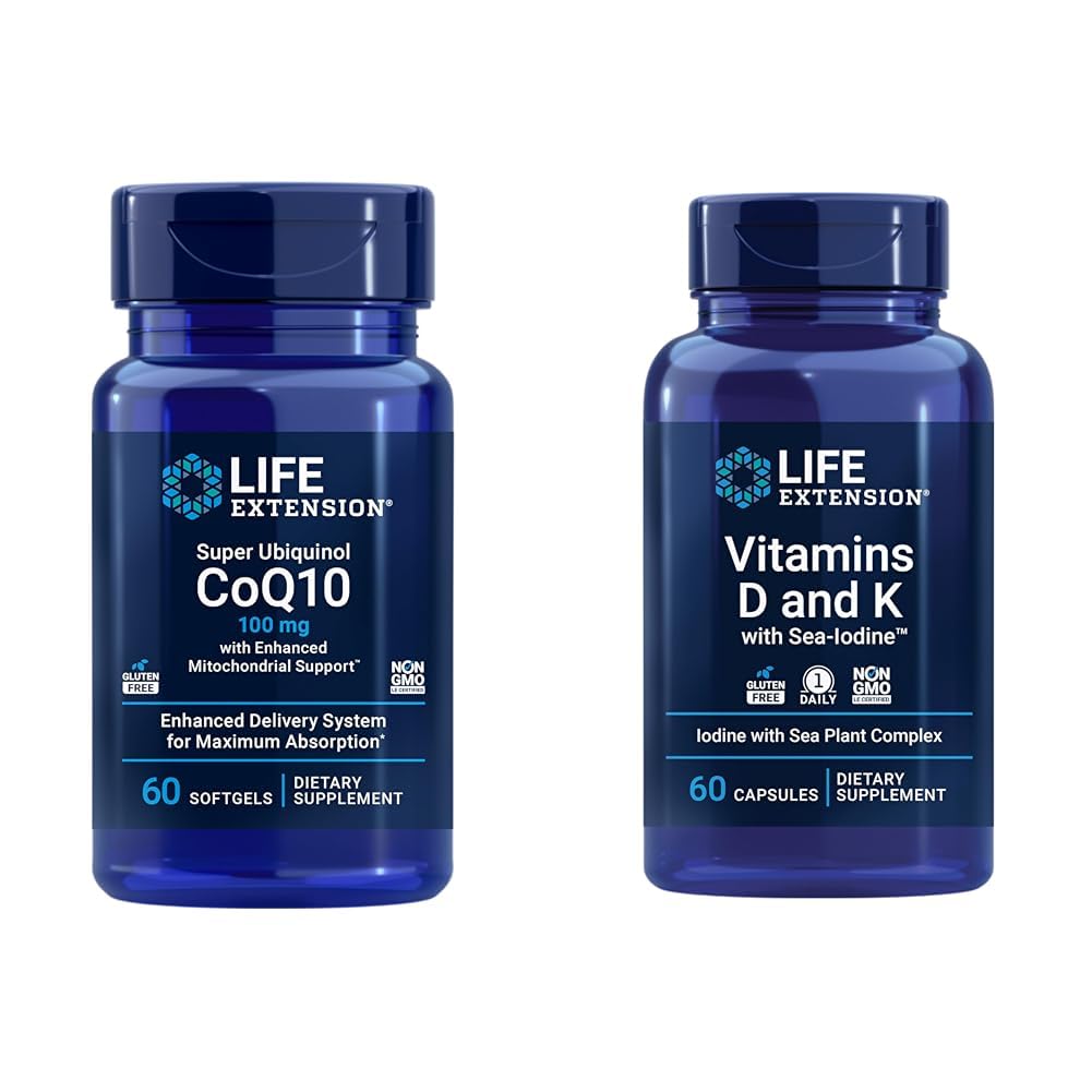 Life Extension Super Ubiquinol CoQ10, jossa on tehostettu mitokondrioiden tuki & Vitamiineja D ja K merijodi, D3-vitamiini
