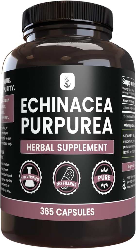 PUHELIN ALKUPERÄISET AINEET Echinacea Purpurea (365 kapselia) Ei magnesiumia tai riisiä, aina puhdas, labra varmistettu