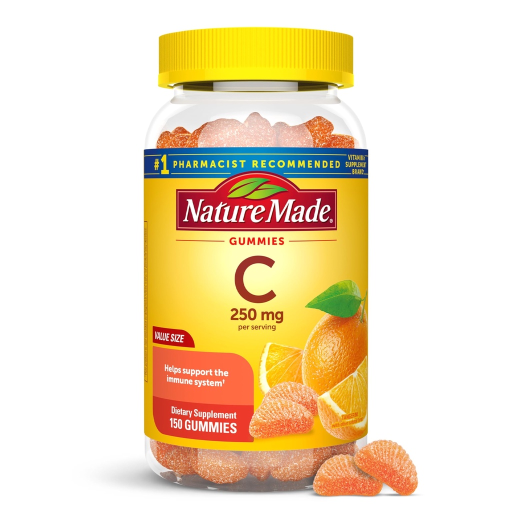 Luonto Valmistettu C-vitamiini 250 mg per tarjoilu, ravintolisä immuunitukea, C-vitamiini Gummies aikuisille, 150 Gummies, 75 päivän tarjonta