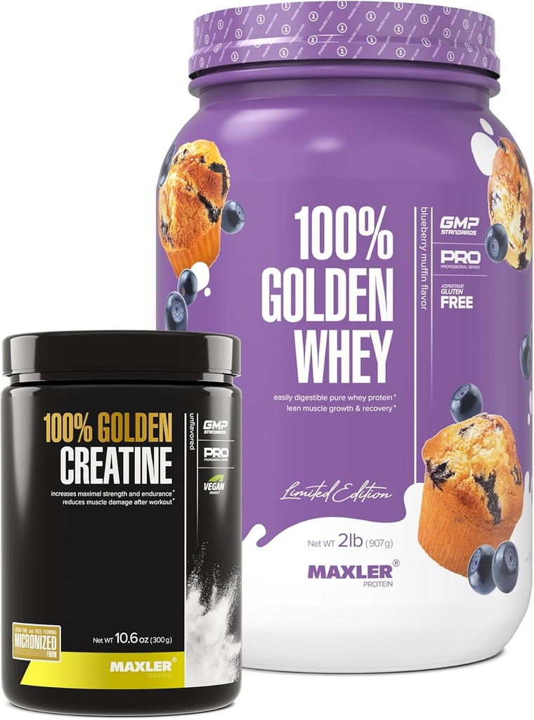 Maxler 100% Golden Whey (Blueberry Muffin 2 lb) & 100% Golden Creatiini (Ei maustettu 10.6 oz)