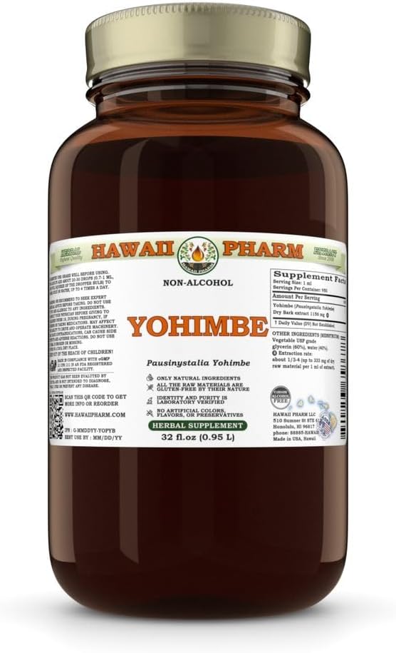 Yohimbe (Pausinystalia Yohimbe) Dry Bark Glycerite, Made in Hawaii, All Natural, Vegan, Lab Tested Alkoholfri flytande extrakt - 32 fl.oz