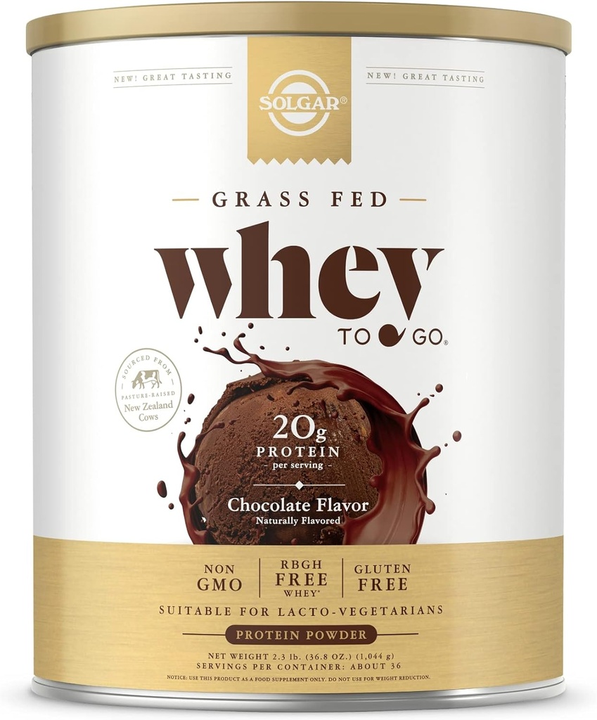 Solgar Grass Fed Whey to Go, Chocolate - 2.3 lb - Grass-Fed Whey Protein Powder - rBGH Free, non-GMO, Gluteeniton - 36 Tarjoukset