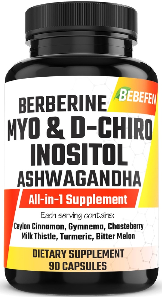 Myo-Inositol & D-Chiro Inositol kapselit Ashwagandha, berberiini, kaneli, Gymnema, Chasteberry, Milk Thistle, Turmeric, Bitter Melon - 90 kapselia